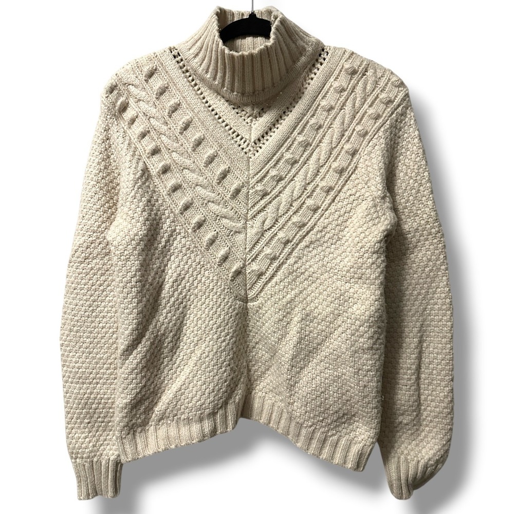 Splendid Cable Popcorn Knit Mock Neck Chunky Sweater Cream M Fisherman Cottage